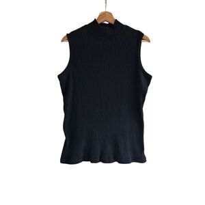 Vintage Extra Touch Mock Neck Sleeveless Ribbed Top, Black, Size Large